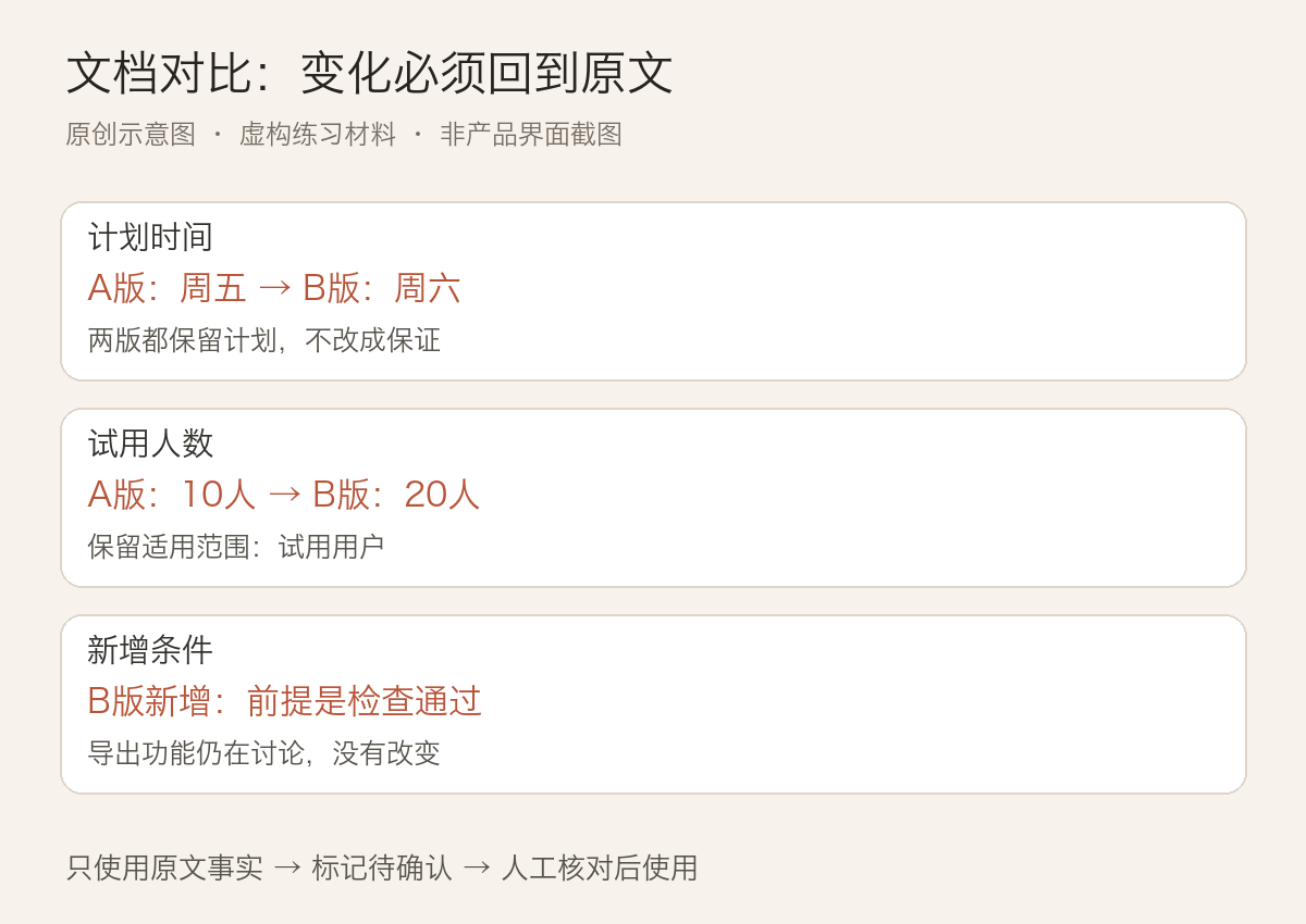 虚构项目说明A版与B版的时间、人数和前提条件差异,保留计划与试用范围
