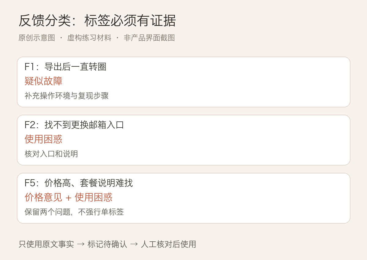 三个虚构反馈案例及其标签,分别说明故障、困惑和多标签处理