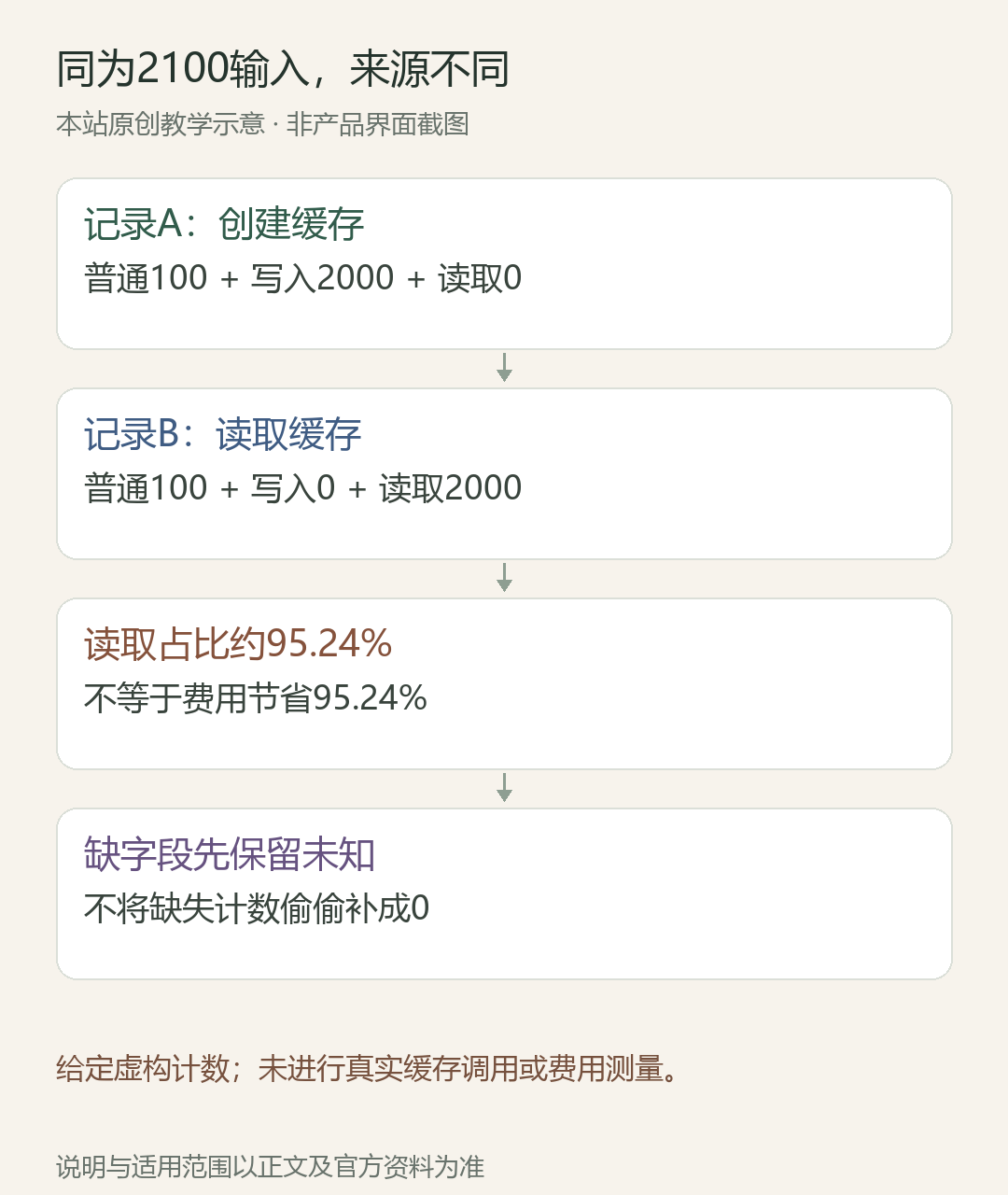 同为2100输入,来源不同;记录A:创建缓存:普通100 + 写入2000 + 读取0;记录B:读取缓存:普通100 + 写入0 + 读取2000;读取占比约95.24%:不等于费用节省95.24%;缺字段先保留未知:不将缺失计数偷偷补成0