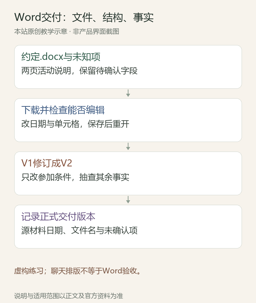 Word交付:文件、结构、事实;约定.docx与未知项:两页活动说明,保留待确认字段;下载并检查能否编辑:改日期与单元格,保存后重开;V1修订成V2:只改参加条件,抽查其余事实;记录正式交付版本:源材料日期、文件名与未确认项