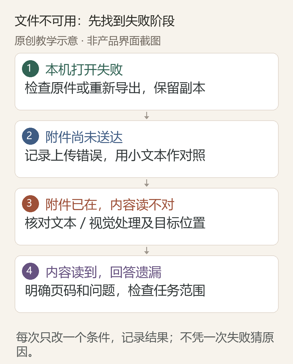 文件问题排查图:本机打开、附件送达、内容解析和回答覆盖是四个不同阶段,各自对应不同检查动作。