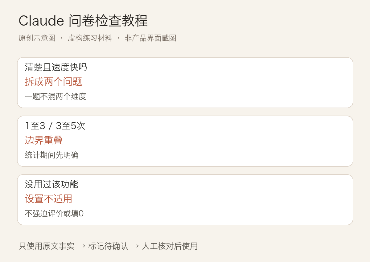 Claude 问卷检查教程:识别双重问题与含糊选项:正文中三个关键判断的说明图