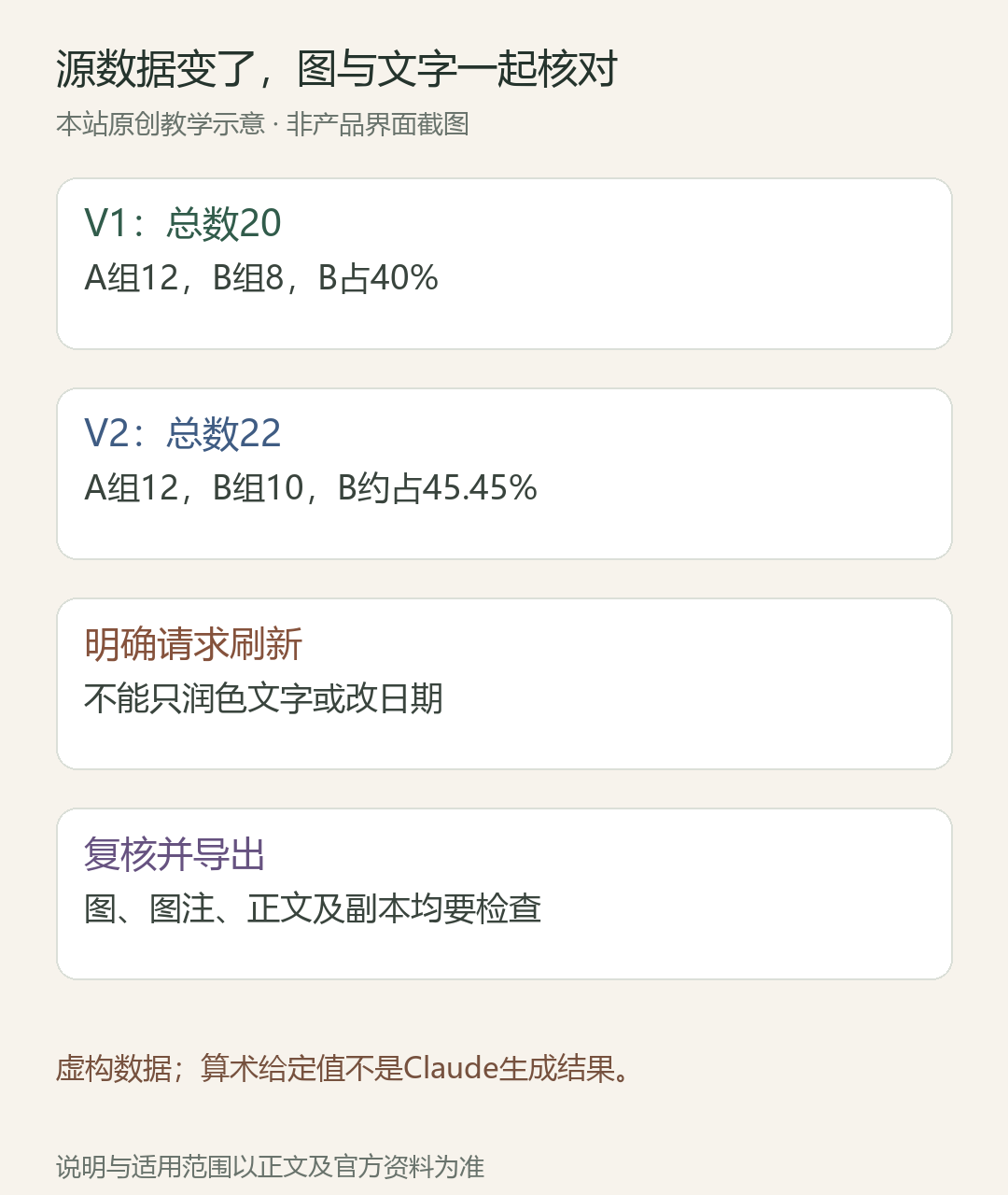源数据变了,图与文字一起核对;V1:总数20:A组12,B组8,B占40%;V2:总数22:A组12,B组10,B约占45.45%;明确请求刷新:不能只润色文字或改日期;复核并导出:图、图注、正文及副本均要检查