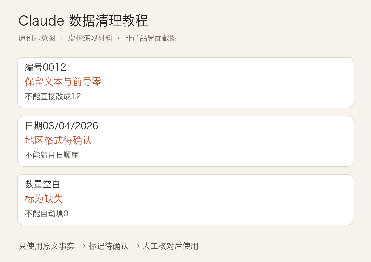 Claude 数据清理教程:统一格式前先定义规则:正文虚构案例的三项检查要点