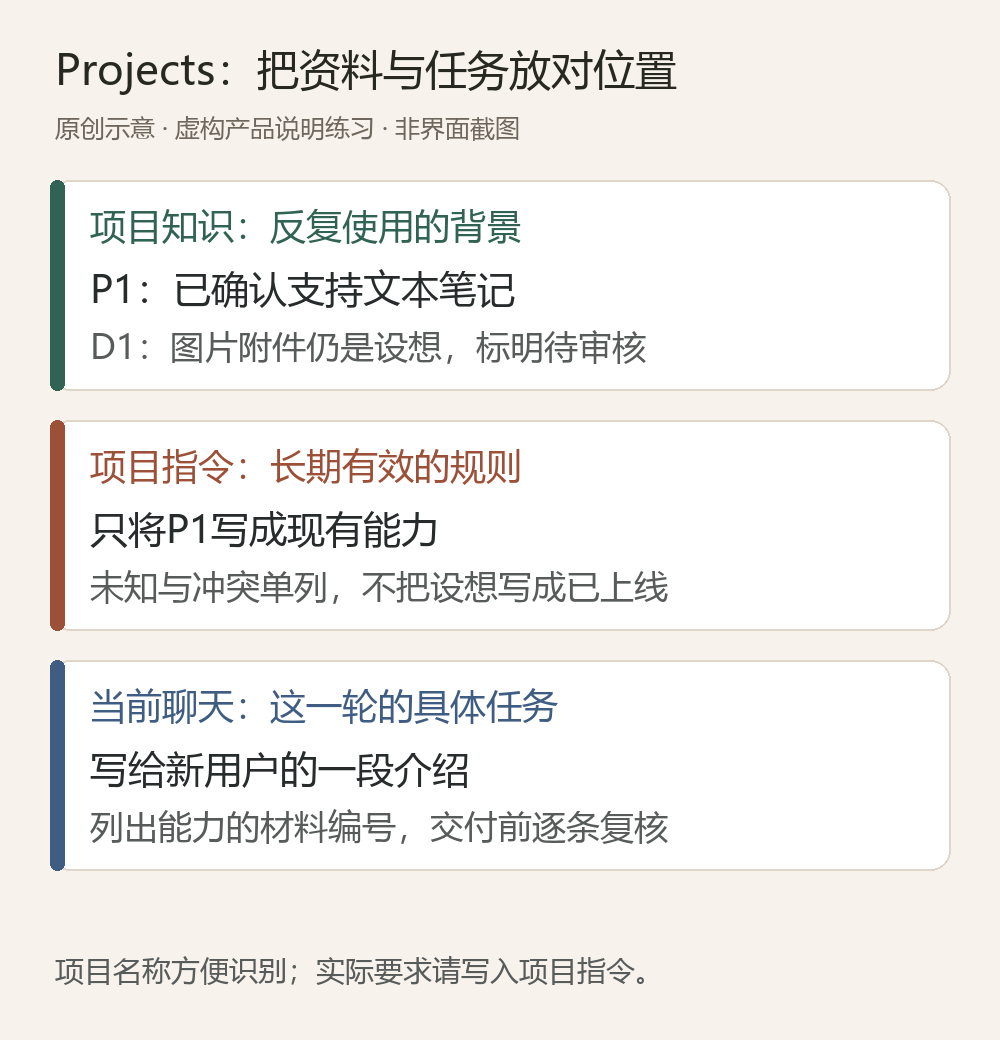 虚构产品说明项目的资料分层:知识库保存P1已确认事实与D1未审核设想,项目指令限定事实范围,当前聊天指定本轮介绍任务。