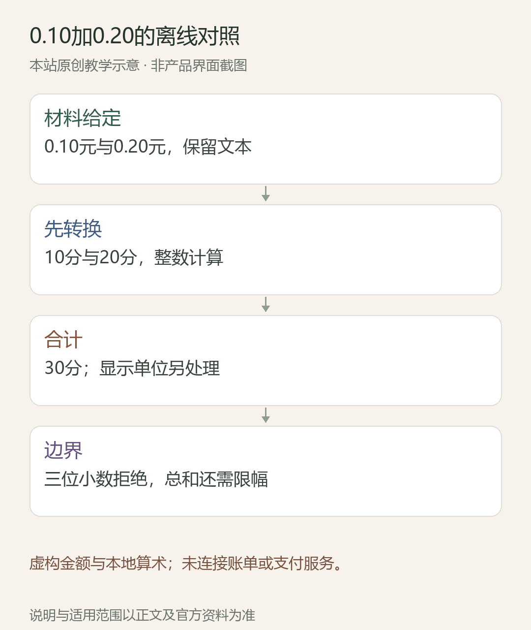 0.10加0.20的离线对照;材料给定:0.10元与0.20元,保留文本;先转换:10分与20分,整数计算;合计:30分;显示单位另处理;边界:三位小数拒绝,总和还需限幅