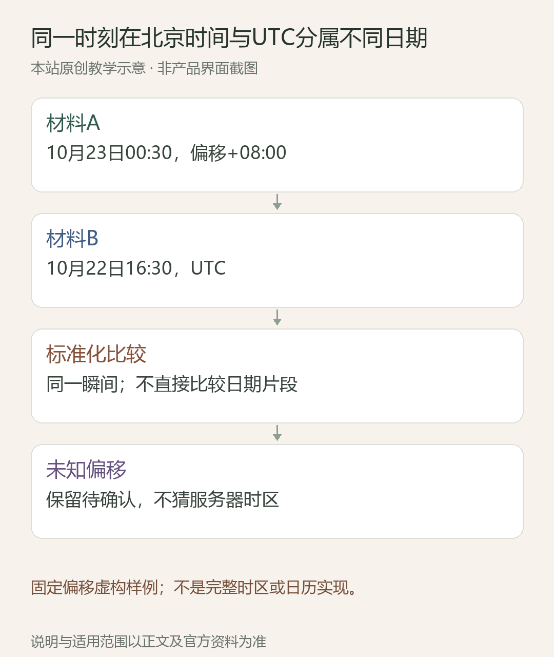 同一时刻在北京时间与UTC分属不同日期;材料A:10月23日00:30,偏移+08:00;材料B:10月22日16:30,UTC;标准化比较:同一瞬间;不直接比较日期片段;未知偏移:保留待确认,不猜服务器时区