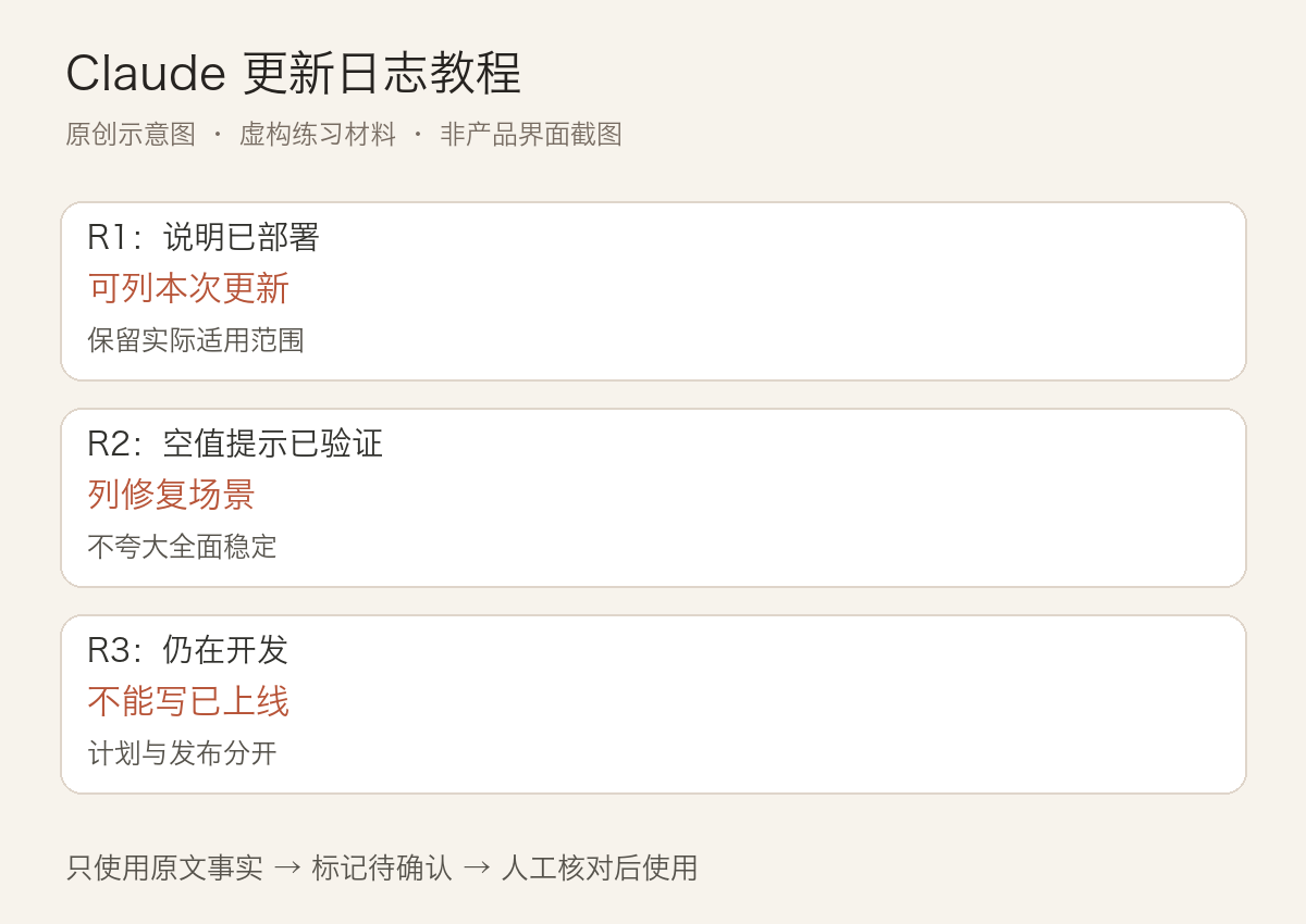 Claude 更新日志教程:把技术改动转成用户说明:正文中三个关键判断的说明图