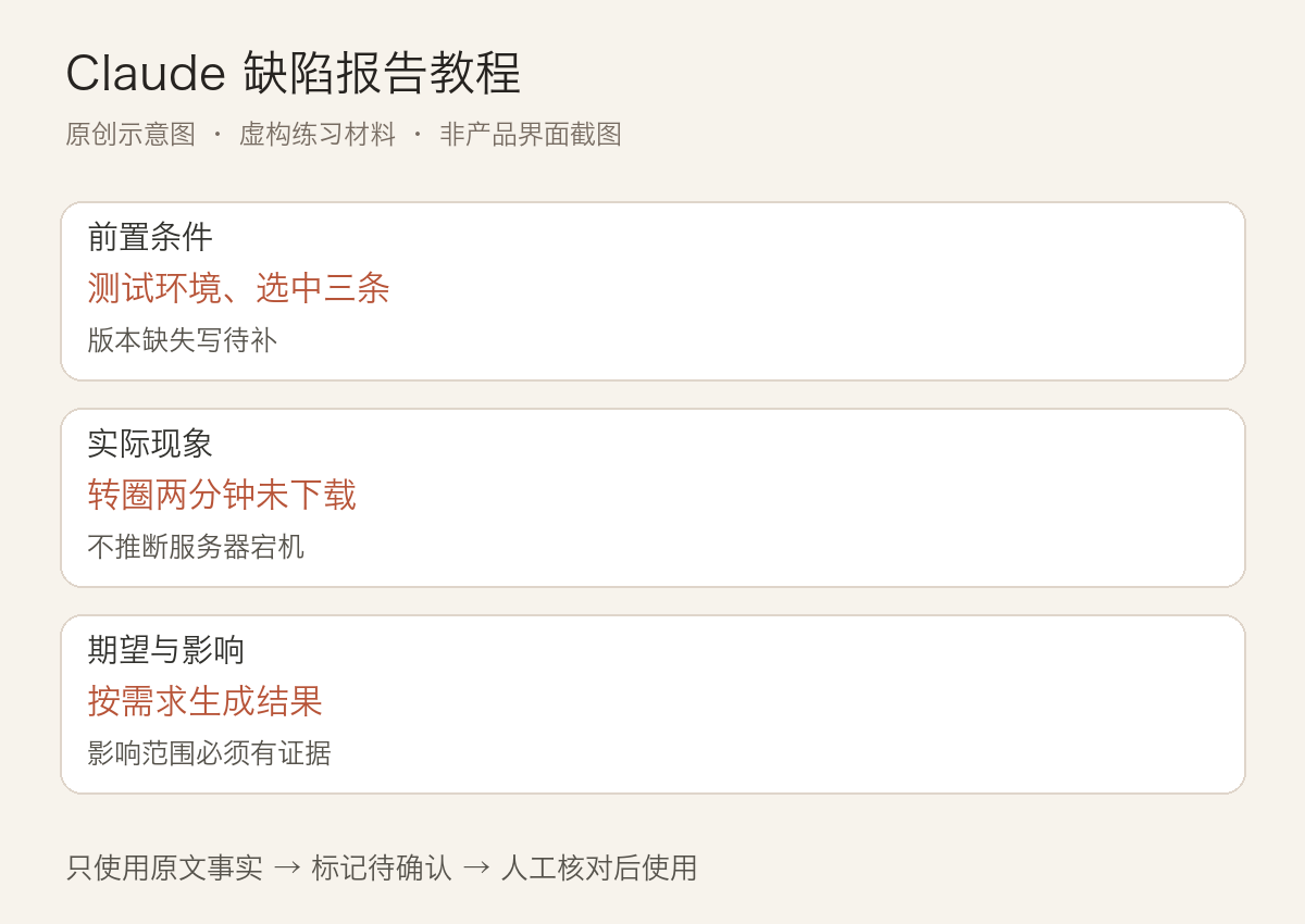 Claude 缺陷报告教程:把现象整理成可复现步骤:正文中三个关键判断的说明图
