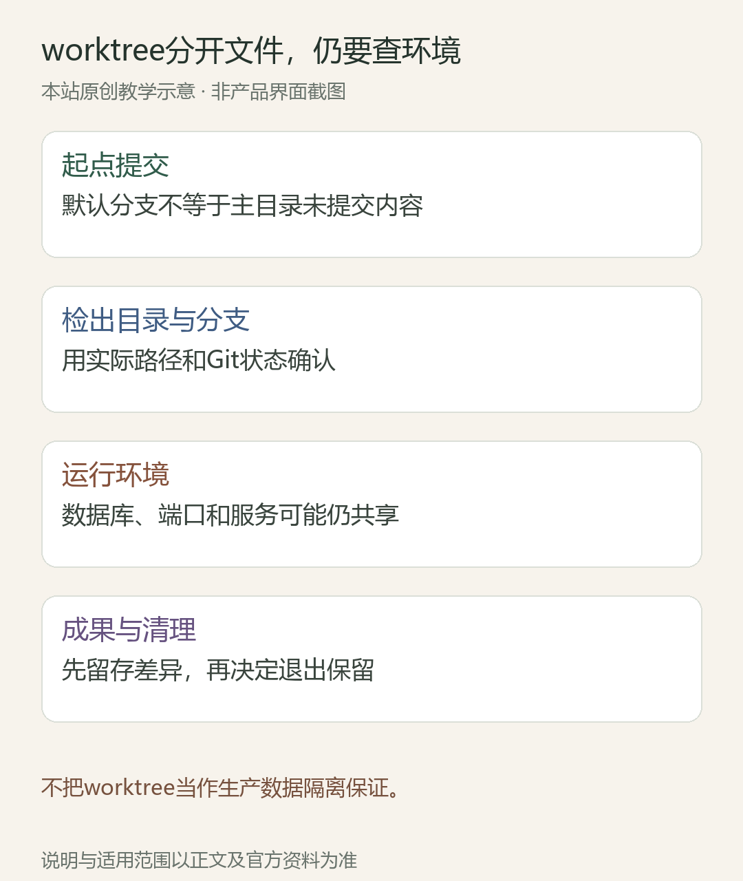 worktree分开文件,仍要查环境;起点提交:默认分支不等于主目录未提交内容;检出目录与分支:用实际路径和Git状态确认;运行环境:数据库、端口和服务可能仍共享;成果与清理:先留存差异,再决定退出保留