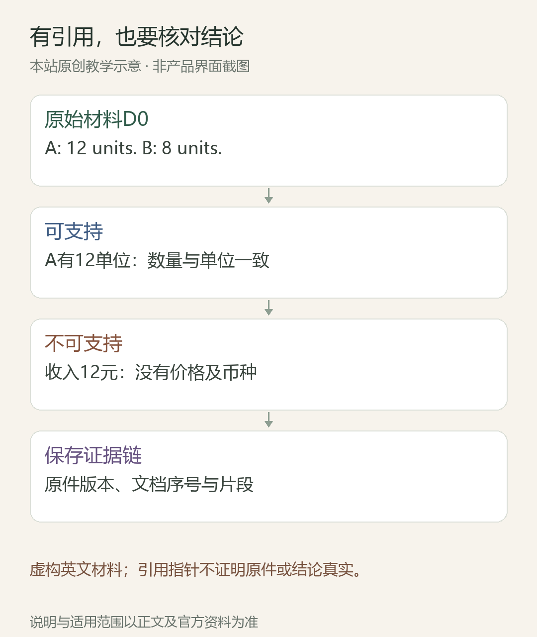 有引用,也要核对结论;原始材料D0:A: 12 units. B: 8 units.;可支持:A有12单位:数量与单位一致;不可支持:收入12元:没有价格及币种;保存证据链:原件版本、文档序号与片段