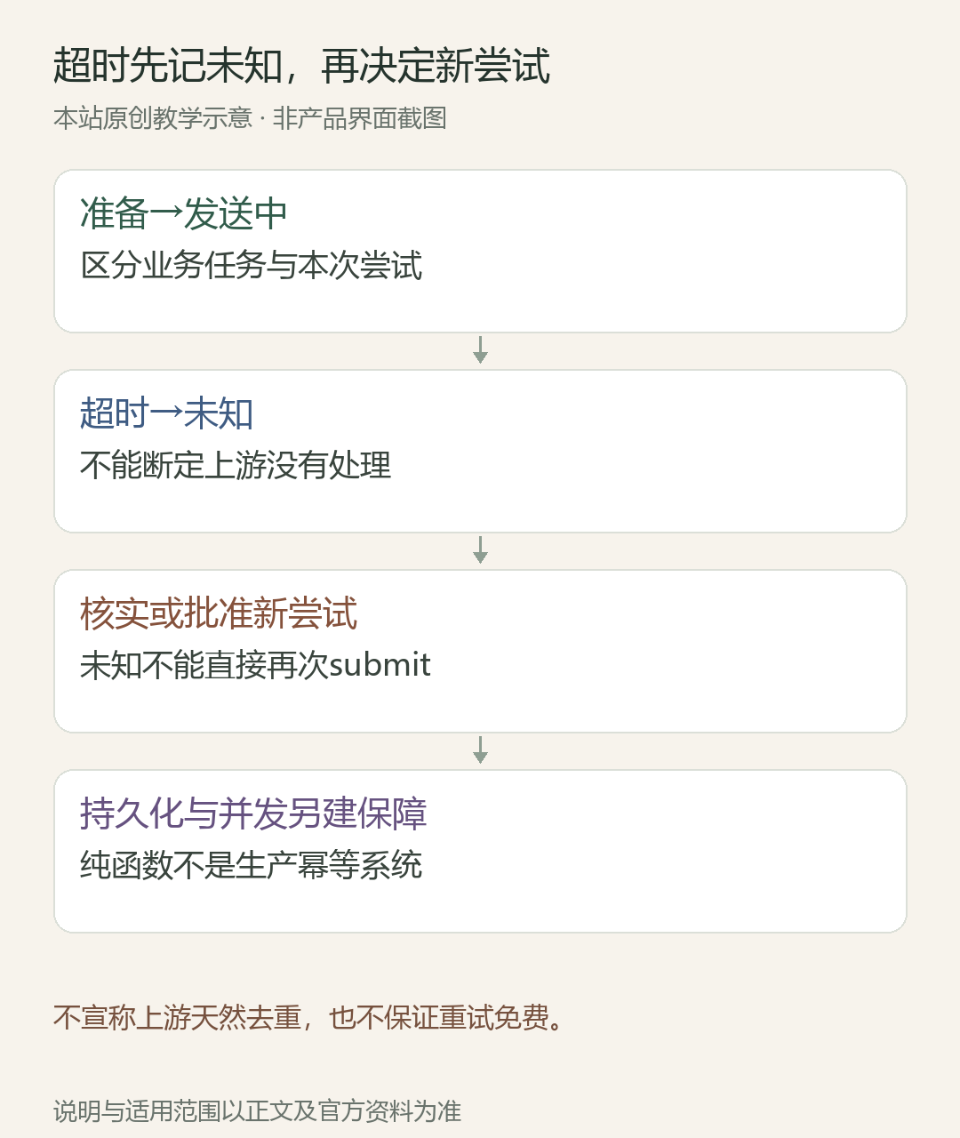 超时先记未知,再决定新尝试;准备→发送中:区分业务任务与本次尝试;超时→未知:不能断定上游没有处理;核实或批准新尝试:未知不能直接再次submit;持久化与并发另建保障:纯函数不是生产幂等系统